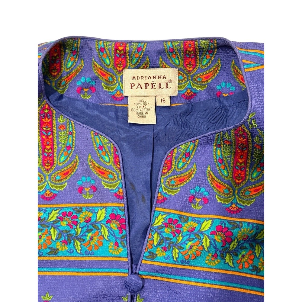 Adrianna Papell Jacket 16 Multicolor Silk Jewel Floral Print Button Up Piping‎